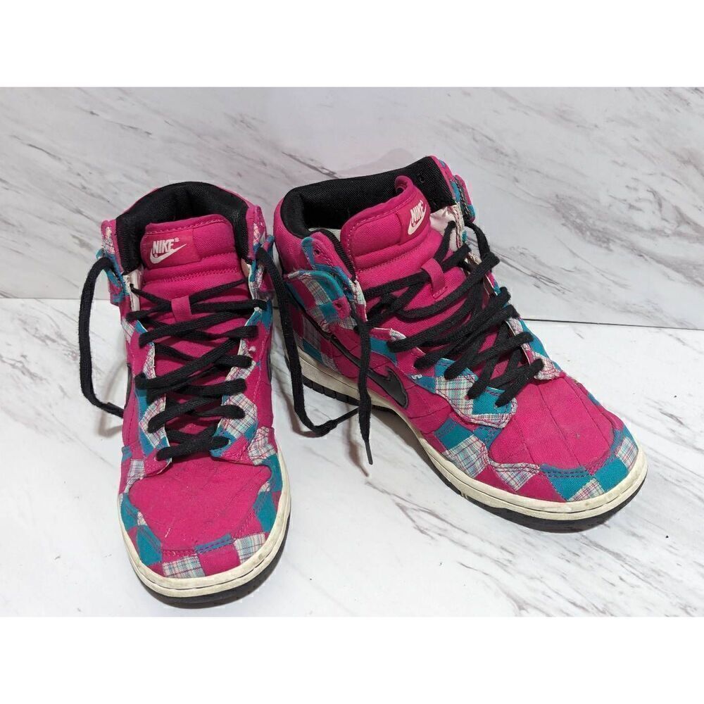 NikeiD Women's Custom Hot Pink Patchwork Fabric Hi Top Sneaker Shoes Size 6.5